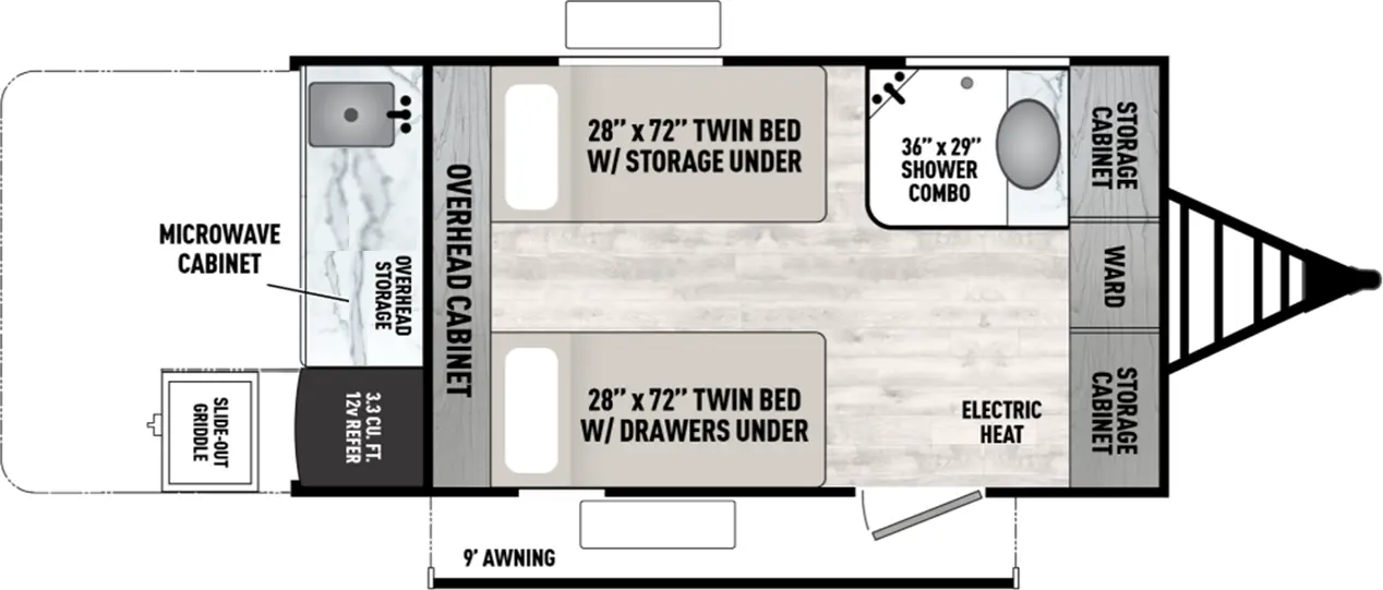 The Viking 9000 Series & 12000 Series 11000ROK floorplan has one entry and zero slide outs. Exterior features include: metal exterior, 9' awning and outside kitchen. 